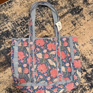 Quilted Floral Tote Bag in Blue and Pink